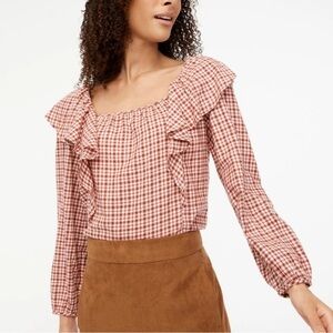 NWOT J. Crew Gingham Flannel Red White  Square Neck Ruffle 100% Cotton Top S